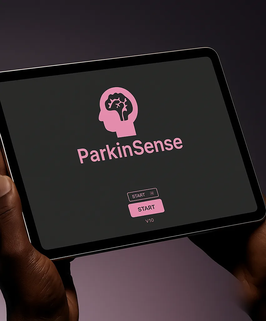 A person using the ParkinSense assessment on a tablet